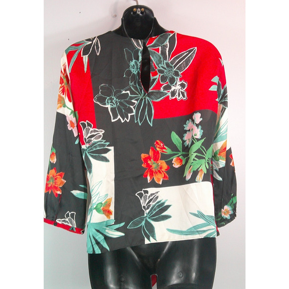 Zara Basic Black Asymmetrical Hem Long Sleeve Blouse Floral Print Women's Medium - Picture 2 of 3